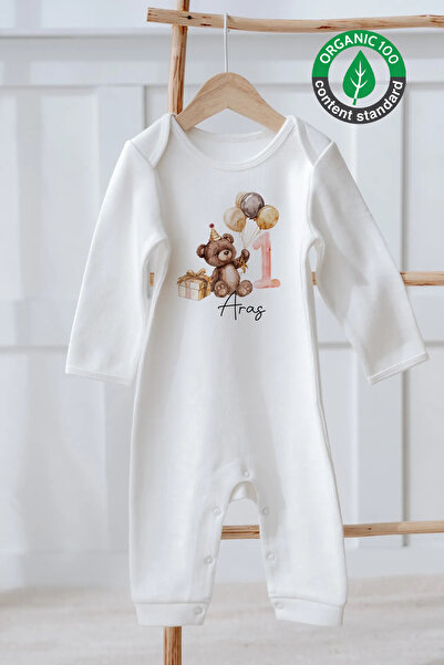 Lilabio %100 Pamuk İsme Özel İsimli Doğum Günü Bebek Tulum 1 Yaş Ayıcık