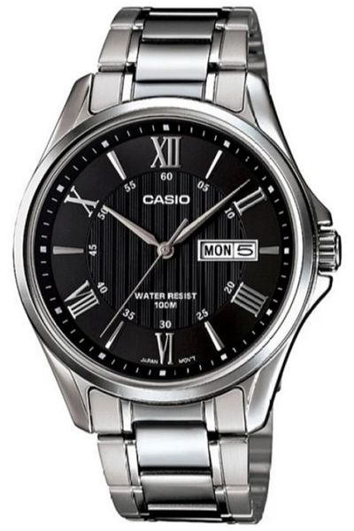 Casio ساعة يد رجالية فضية اللون أسود