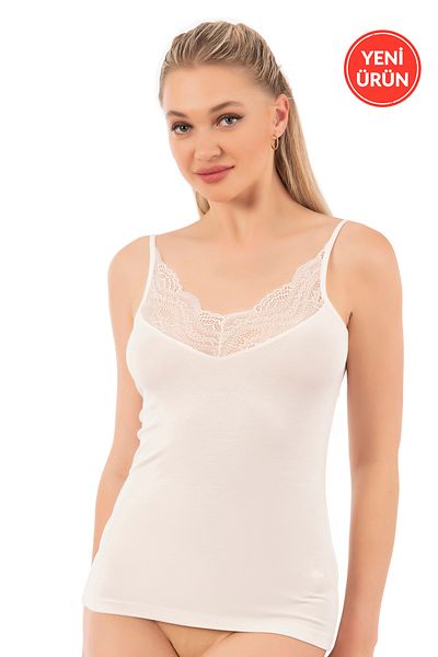 ÖZKAN underwear قميص رياضي نسائي من Özkan 26954 مصنوع من القطن ومرن وناعم ومزين بالدانتيل وحزام رفيع