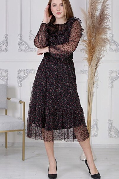 thezkscom Flocked Print Plus Size Chiffon Dress