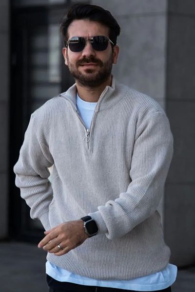 Black Sokak Beige Men's Knitwear Sweater - Stand Collar and Half Zipper Detail