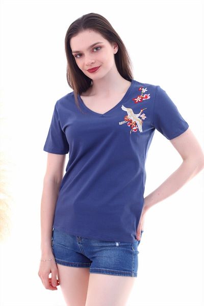 Denismoda Ds 7130562   Stork Embroidered V-Neck Boyfriend Short Sleeve Blouse Indigo