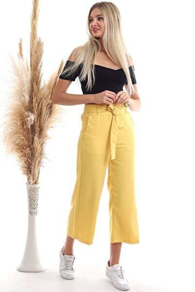 Cotton Mood 20343112 Viscose Flared Belted Wide Leg Trousers Mustard