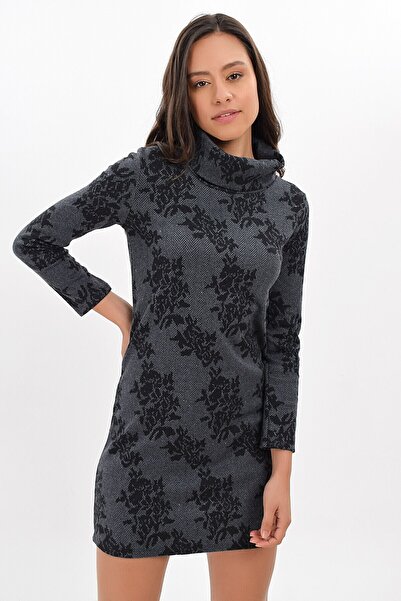 Cotton Mood 94271091 Herringbone Large Rose Dsn. Degaje Collar Long Sleeve Dress Fume