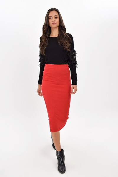 Cotton Mood 9420944 Thick Corded Fabric Ribbed Knit Elastic Waist Long Skirt Red