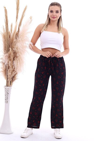 Cotton Mood 20070786 بنطلون واسع الساقين من الكريب المحبوك بخصر مطاطي أسود أحمر
