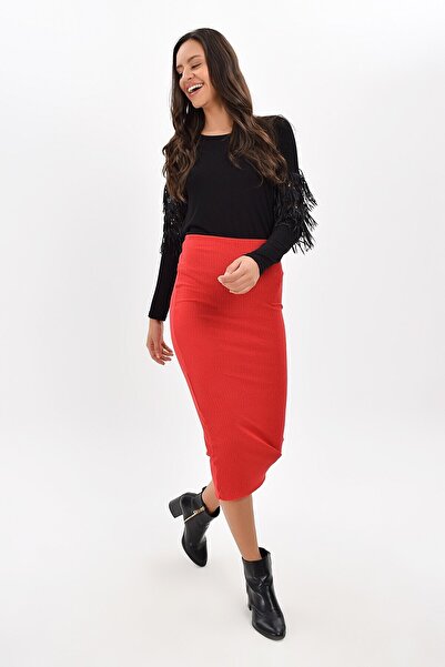 Cotton Mood 9420944 Thick Corded Fabric Ribbed Knit Elastic Waist Long Skirt Red