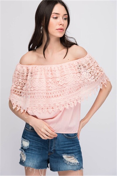 Cotton Mood 8160794 Şile Bezi Güpürlü Madonna Yaka Eteği Lastikli Bluz PEMBE