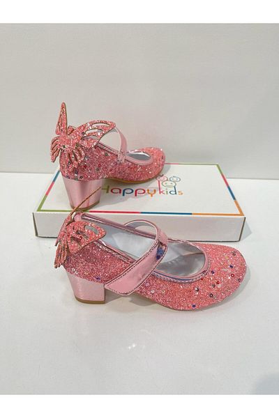 BUTİKHAPPYKİDS Girl's Evening Dress Shoes Pink Butterfly Glittering Party - Birthday Heeled Girl's Shoes