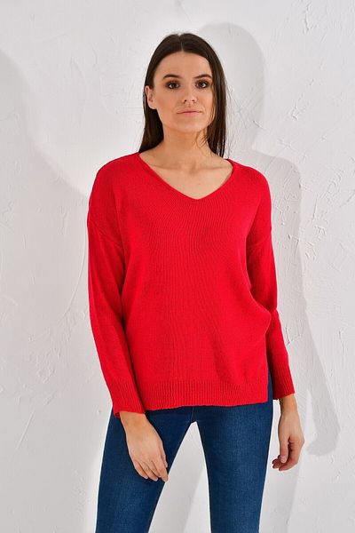 Cotton Mood 20026179 Knitwear V-Neck Side Slit Sweater Red