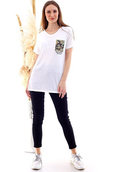 Cotton Mood 20050507 Single Jersey Sequin Patch V-Neck T-Shirt Ekru