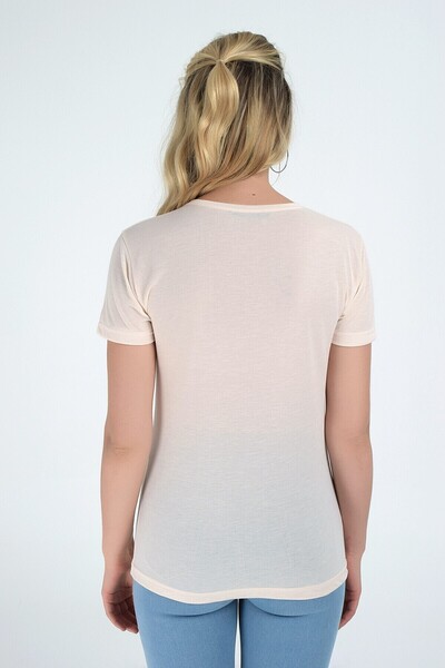 Cotton Mood 9202023 بلوزة سومون قصيرة الأكمام بياقة على شكل حرف V مع تطريز در...