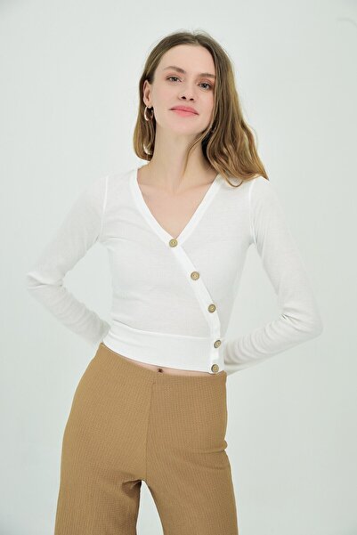 Cotton Mood 9092935 بلوزة بأكمام طويلة وأزرار مزدوجة من الأمام EKRU