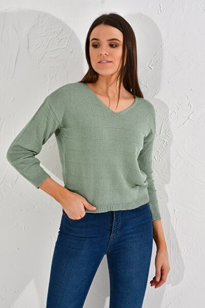 Cotton Mood 20026187 Knitwear Striped V-Neck Blouse Cagla Green