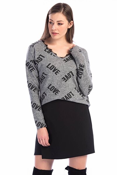 Cotton Mood 84610012 Yumoş Yakası Lace Love Printed Long Sleeve Blouse Gray
