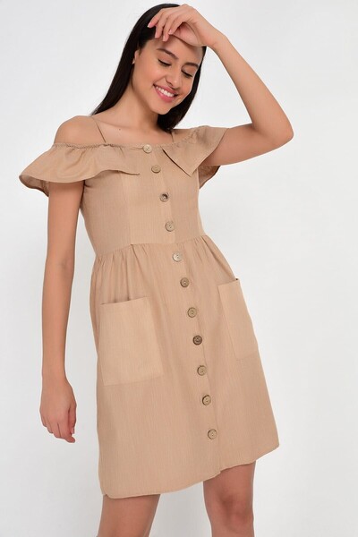 Cotton Mood 9201581 Bodrum Madonna Collar Strap Dress Mink