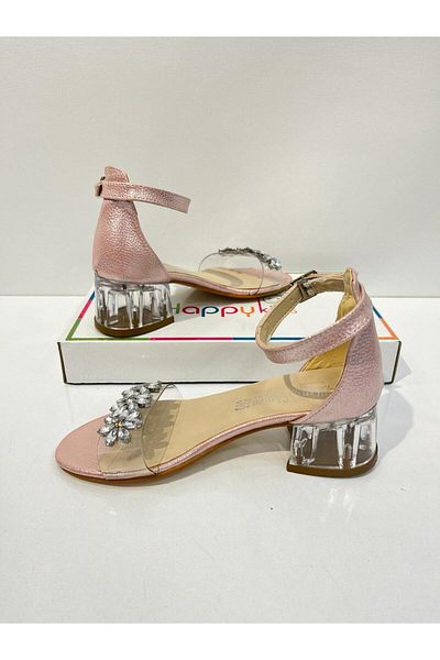 BUTİKHAPPYKİDS Girl's Evening Dress Shoes Powder Flower Stone Detailed Graduation-Wedding Heeled Children's Evening Dress Shoes