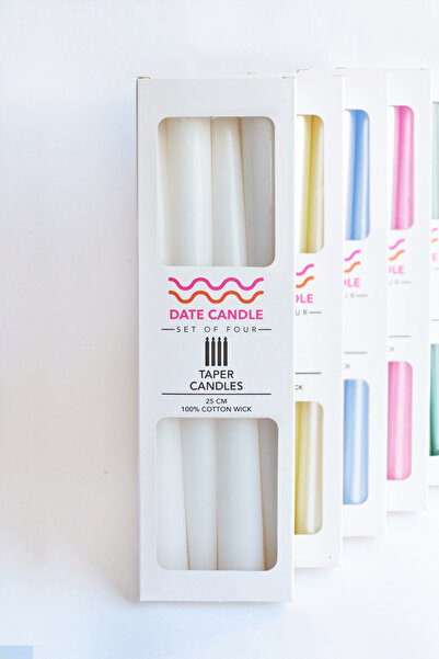 Date Candle Beyaz Pastel Renk Konik Dekoratif Şamdan Mum - 4' Lü Set