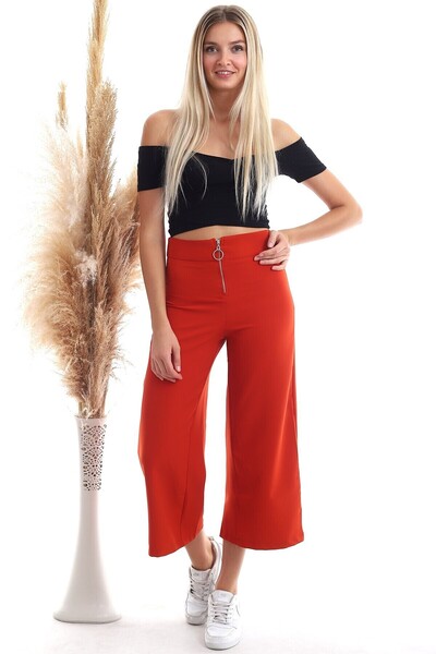 Cotton Mood 9092864 Azra Front Zipper Wide Leg Trousers Tile