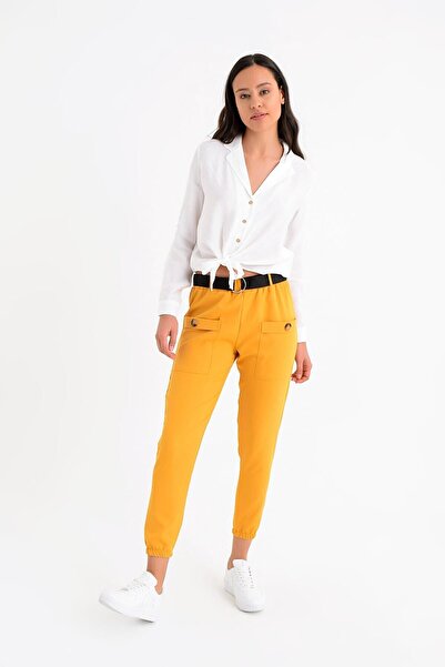 Cotton Mood 9152981 Buckle Leg Elastic Front Pocket Trousers Mustard