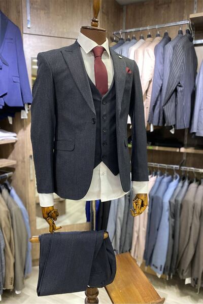Slimfit Kesim Kus Gözü Desen Erkek Yelekli Takim Elbise-LACİVERT