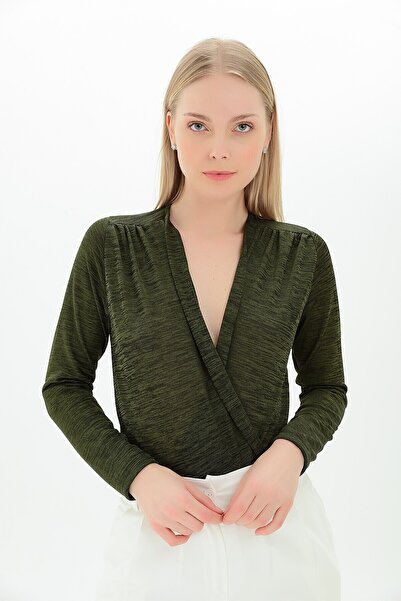 Cotton Mood 9111440 Flamlı Double-Breasted Long Sleeve Bodysuit Blouse Khaki