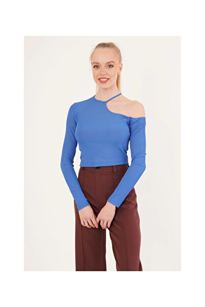Cotton Mood 23254279 Camisole One Shoulder Neckline Drawstring Crop Blouse Blue