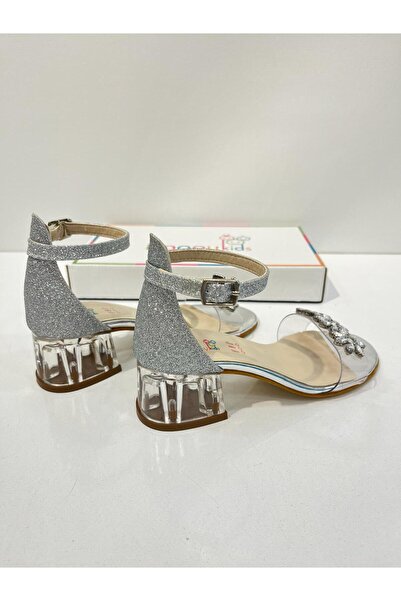 BUTİKHAPPYKİDS Kız Çocuk Abiye Ayakkabı Gümüş Çiçek Taş Detaylı Mezüniyet-düğün Topuklu Çocuk Abiye Ayakkabı