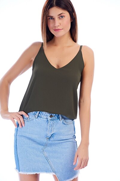 Cotton Mood 8241702 Kobe V-Neck Rope Strap Slit Sleeveless Blouse Khaki