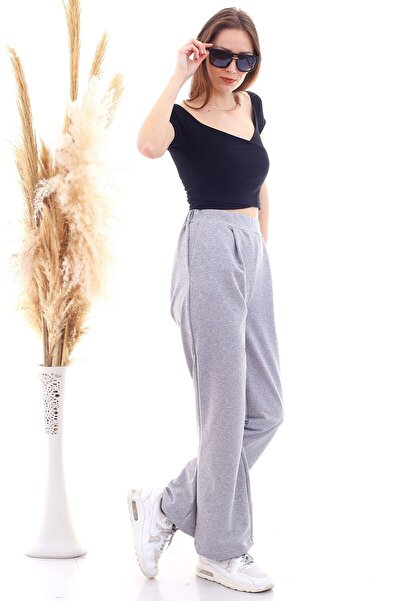 Cotton Mood 9292933 Double-Pocket Wide-Leg Trousers Gray Melange