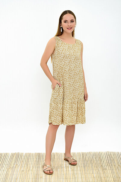 Cotton Mood 93030322 Dok.Vis.Çıtır Deseteği Ruffled Sleeveless Dress with Pockets Ecru-Yellow