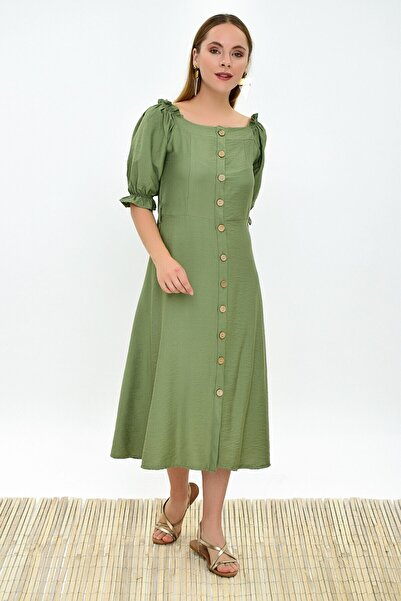 Cotton Mood 9301603 Bodrum Front Buttoned Balloon Sleeve Dress Khaki