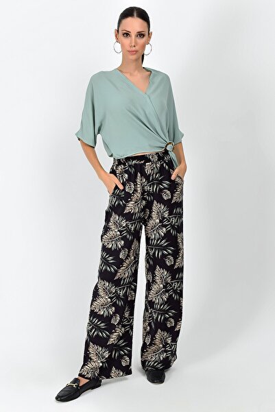 Cotton Mood 9363131 Dok.Viskon Leaf Pattern Elastic Waist Pocket Trousers Black