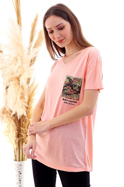 Cotton Mood 20050507 Single Jersey Sequin Patch V-Neck T-Shirt Y.Agzi