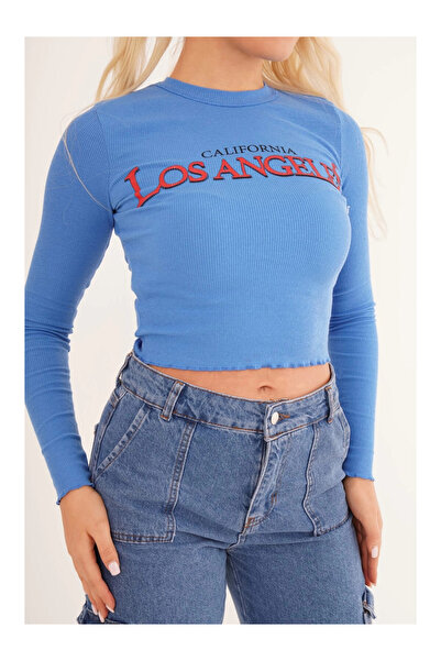 Cotton Mood 23254241 Ribbed Knit Los Angeles Printed Crop Blouse Blue