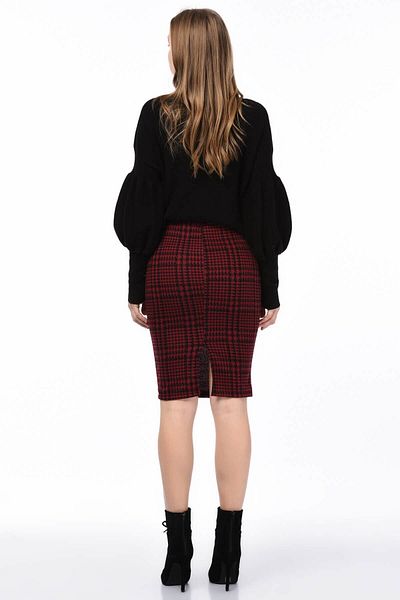 Cotton Mood 8515175 Goose Feet Patterned Elastic Waist Slit Pencil Skirt Claret Red