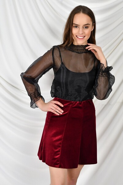 Cotton Mood 9474746 Velvet Patchwork Elastic Short Skirt Bordo