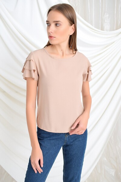 Cotton Mood 94022011 Dok.Viskon Ruffled Short Sleeve Blouse Beige