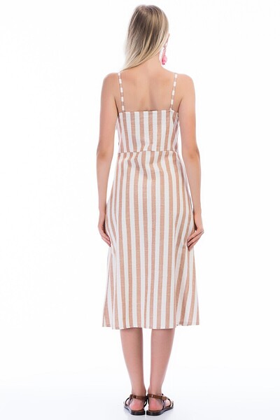 Cotton Mood 8301245 Linen Thick Striped Dress with Chest Tie Detail Cinnamon