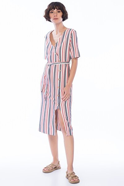 Cotton Mood 8331276 Linen Striped Side Button Short Sleeve Dress Dark Red