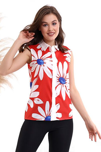 Cotton Mood 22484863 Crepe Floral Patterned Sleeveless Shirt Coral Ecru