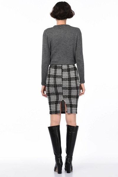 Cotton Mood 8515176 Plaid Patterned Pencil Skirt with Elastic Waist and Slits