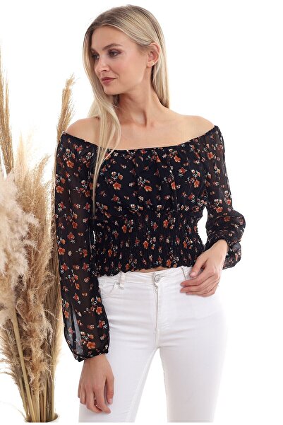 Cotton Mood 20333364 بلوزة شيفون منقوشة بياقة جيبلي وأكمام طويلة مطاطية باللو...