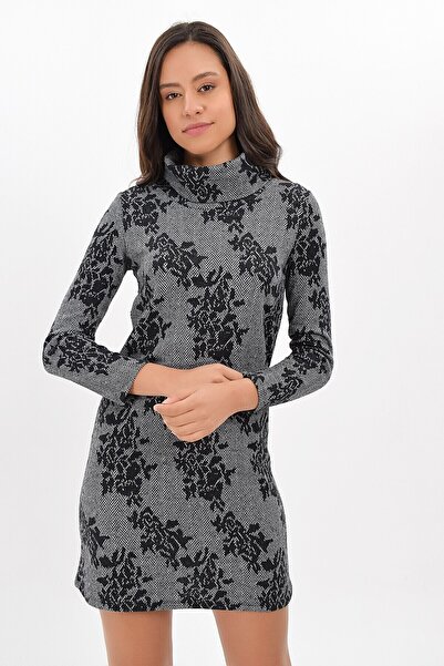 Cotton Mood 94271091 Herringbone Large Rose Dsn. Degaje Collar Long Sleeve Dress Gray