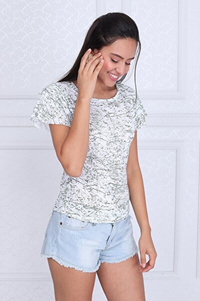 Cotton Mood 9333335 Single Jersey Patterned Layered Ruffled Short Sleeve Blouse Khaki