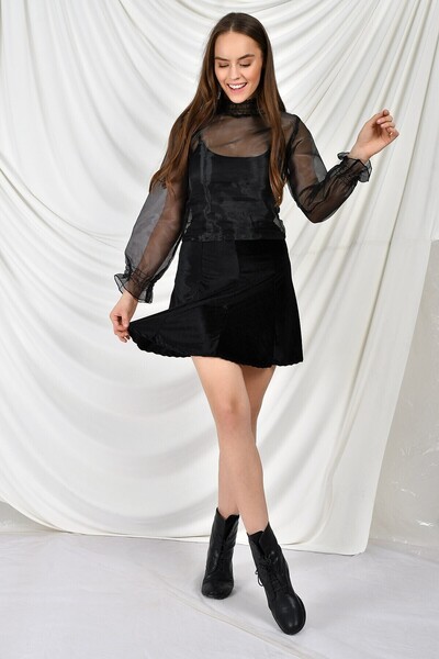 Cotton Mood 9474746 Velvet Patchwork Elastic Short Skirt Black