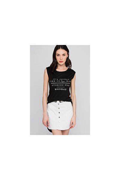 Cotton Mood 8101091 Monday Yazı Printed Back Skirt Long Sleeveless Tunic Black