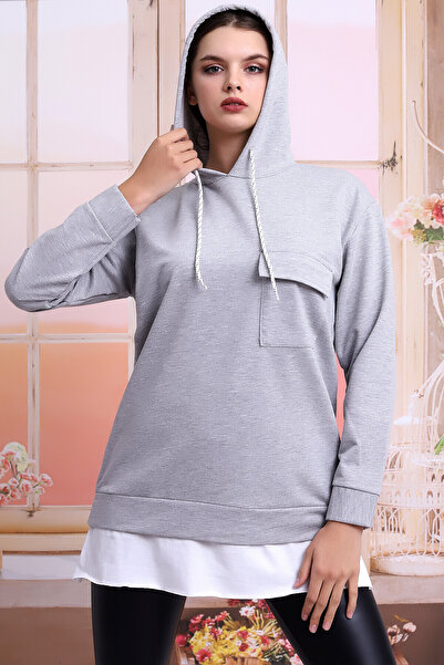 Cotton Mood 21404011 Double-Layered Hooded Pocket Skirt Garnished Long Sweatshirt Gray Melange