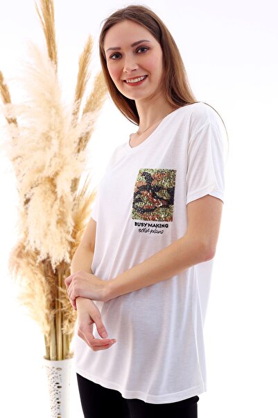 Cotton Mood 20050507 Single Jersey Sequin Patch V-Neck T-Shirt Ekru