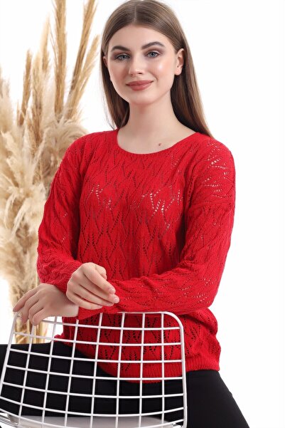 Cotton Mood 20516177 Knitwear Jacquard Patterned Crew Neck Sweater Red